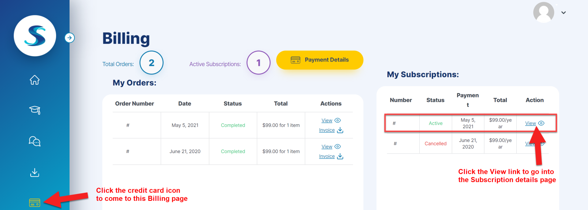 My Subscription area of the Billing page on user Dashboard