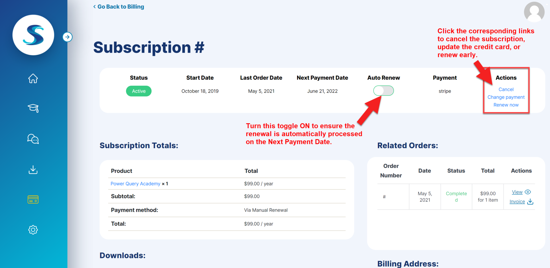 Subscription Details page on user Dashboard